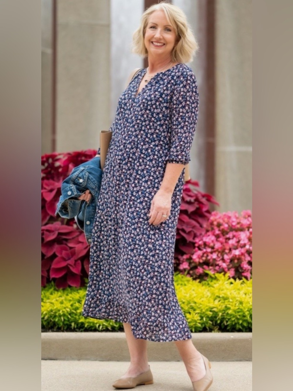 J. Jill Navy Floral Print Tiered Maxi Dress Size M
